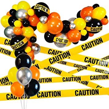 Quarantine Balloon Garland & Arch Kit, 74 Pack 12Inch 5Inch Black, Orange, Yellow, Silver Latex Balloons Strip Set with Caution Tape for Quarantine Birthday Party Decorations Construction Thanksgiving Day Party Supplies