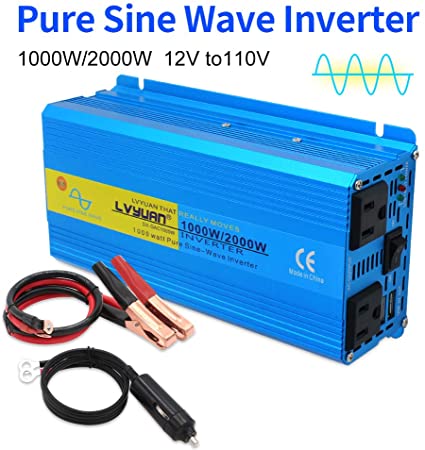 1000W Pure Sin Wave Power Inverter DC 12V to 110V AC Converter with Dual AC Outlets Comapct Size and Daul 3.1A USB Car Charger for Car Home Laptop
