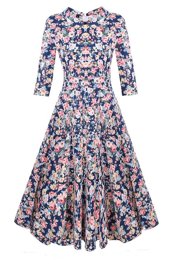 50s Hepburn Style Vintage Long Sleeve Floral Party Cocktail Evening Dress