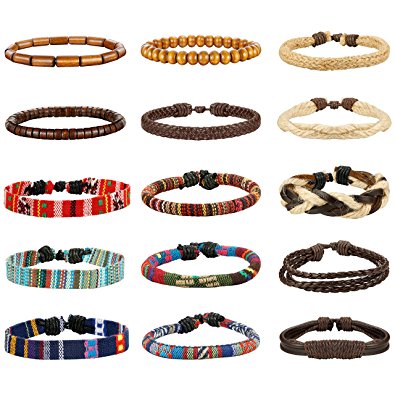 LOYALLOOK 15pcs Men Women Linen Hemp Cords Wood Beads Ethnic Tribal Bracelets Leather Wristbands