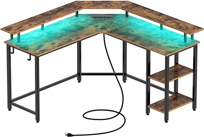 Rolanstar Computer Desk 56'' L Shaped with LED Strip & Power Outlets, Reversible L Shaped Gaming Desk with Monitor Stand, L Shaped Computer Corner Desk with USB Port&Hook,Home Office Desk,Rustic Brown