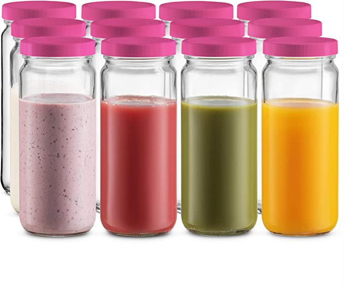 Travel Glass Drinking Bottle Mason Jar 16 Ounce [12-Pack] Plastic Airtight Lids, Reusable Glass Water Bottle for Juicing, Smoothies, Kombucha, Tea, Milk Bottles, Homemade Beverages Bottle