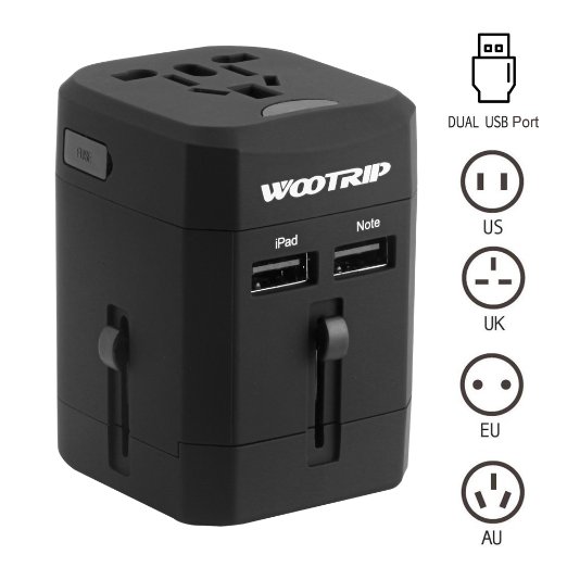 Worldwide Travel Adapter, Wootrip Best International Plug All-In-One with Dual USB Charging Ports & Universal AC Socket Safety Fused Warranty Charger For USA UK EU AUS Black