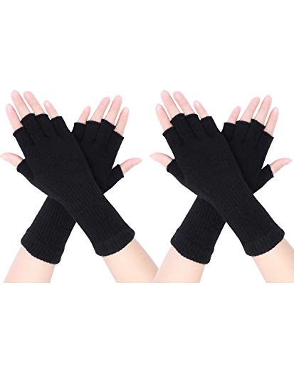 Pangda 2 Pairs Unisex Fingerless Gloves Half Finger Stretchy Knit Gloves Lengthen Wrist Mittens Winter Warm Gloves