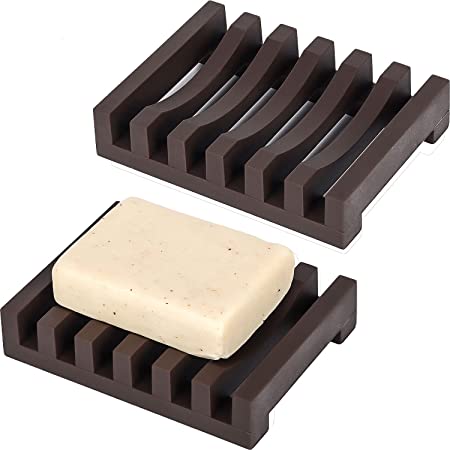 TOPSKY 2Pcs Soap Dish Holder, Non-Slip Bathroom Accessories Silicone Soap Case Saver, Sink Deck Bathtub Shower Dish Soap Drainer, Silicone Holder for Soap, Sponges, Scrubber (Brown)