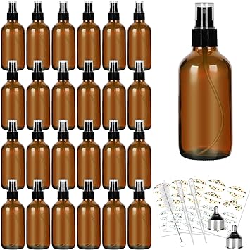 25 Pack 4oz Amber Glass Spray Bottles with Fine Mist Sprayers, Glass Travel Bottles for Cosmetic, Essential Oils, Cleaning Solutions, Perfumes & More Liquids (1 Brush, 2 Funnels and 36 Labels)
