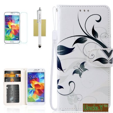 Galaxy S5 Case,S5 Case,Uncle.Y PU Leather Wallet Flip Case with Credit Card Slots [Magnetic Button] Flower Case for Samsung Galaxy S5 I9600 White