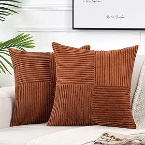 Fancy Homi 2 Packs Rust Decorative Throw Pillow Covers 16x16 Inch for Living Room Couch Bed, Rustic Farmhouse Boho Home Decor, Soft Corss Patchwork Corduroy Square Terracotta Cushion Case 40x40 cm