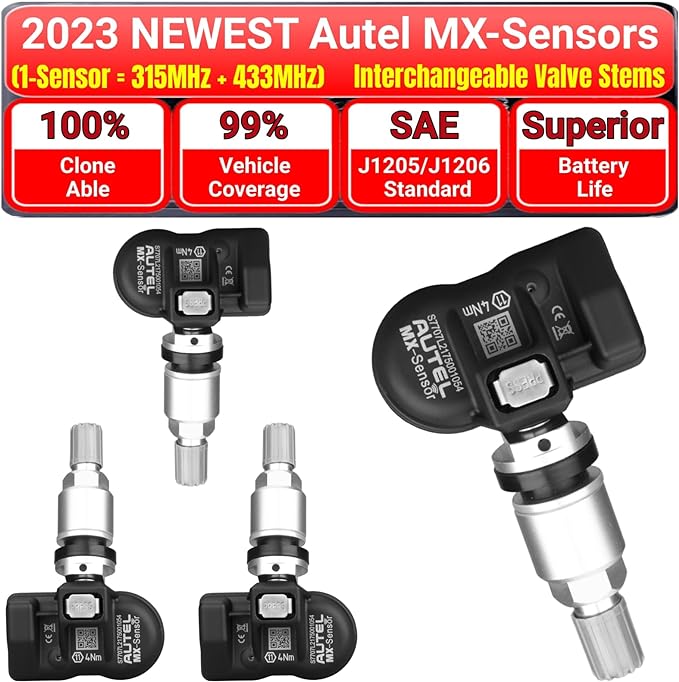 Autel MaxiTPMS MX Sensor 315/433MHz 4 PCS Pack Metal Stem TPMS Sensor Universal Tire Sensor Programmed by TPMS Tool TS401 TS408 TS508 TS608 MX808TS MS906TS MK808TS ITS600 ITS600Pro MS906Pro-TS