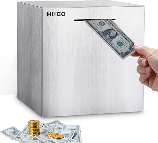 hizgo Adult Piggy Bank Stainless Steel Safe Money Banks for Kids Savings Real Money Box Coin Jar ( 5.9" X 5.9" X 5.9")