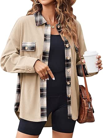 Zeagoo Womens Corduroy Flannel Shacket Jacket Casual Plaid Button Down Shirts Long Sleeve Fall Tops with Pockets