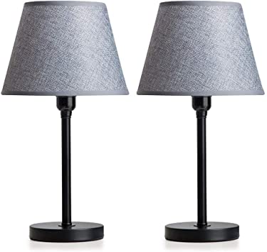 ZEEFO Bedside Table Lamps, Minimalist Black Metal Base with Grey Fabric Lampshade Nightstand Lamps,E26 Base Bulb,Max 60W, Simple Desk Lamp Ideal for Bedroom,Living Room, Set of 2 (Without Bulb)