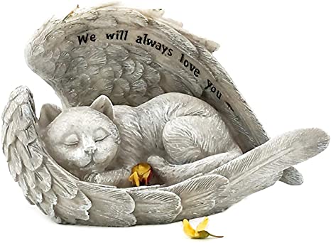 Bellaa 22878 Sleeping Angel Cat with Wings Garden Statue 9 inch Sympathy Pet Memorial
