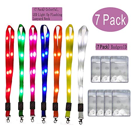 LED Lanyard Light Necklace Flashing Dark Neck Light Strip, Light String Name Keychain ID, ID Clip Child Adult Keychain, Mobile Phone Lens, New Button Type Special Switch Design (Colorful) 7 Pack