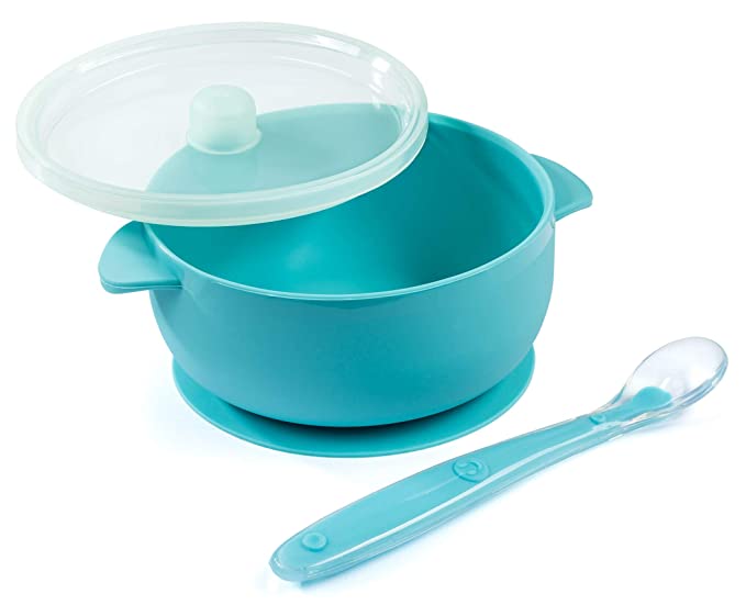 Silicone Baby Bowls Dishwasher/Microwave Safe Non-Slip for Babies/Toddlers/Kids Includes 1 Bowl 1 Soft Spoon and 1 lid BPA Free (Blue)