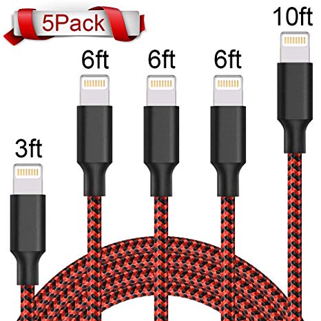 ONSON Phone Cable 5Pack 3FT 3×6FT 10FT Nylon Braided Charger Cable USB Cord Charging Charger Compatible iPhone 8, X, 7, 7 Plus, 6, 6s, 6 , 5, 5c, 5s, SE, iPad, iPod Nano-Red