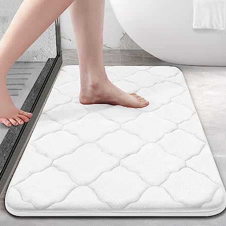 OLANLY Memory Foam Bath Mat Rug, Ultra Soft Non Slip and Absorbent Bathroom Rug, Machine Wash Dry, Comfortable, Thick Bath Rug Carpet for Bathroom Floor, Tub and Shower, 32x20, White