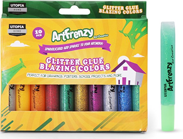 Pack of 10 Art Frenzy Glitter Glue - Glitter Pens - 10 Different Blazing Colours - Non-Toxic - by Utopia Home