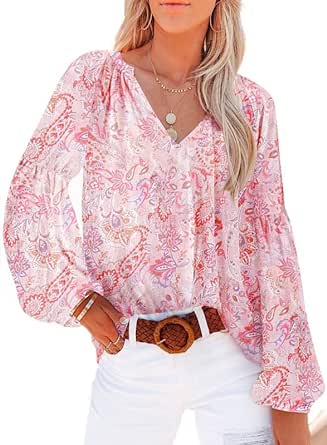 Dokotoo Women's Casual Boho Floral Print V Neck Long Sleeve T Shirt Blouses