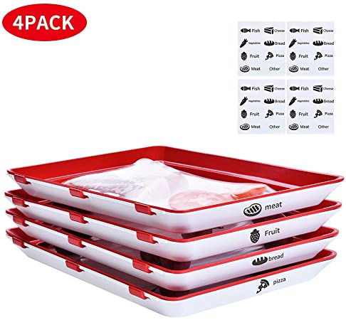 Food Tray Stackable Creative Food Preservation Tray Reusable, Durable, Superior for Keeping Food Fresh, Dishwasher & Freezer Safe (4 pcs Trays and 32 pcs Food label)