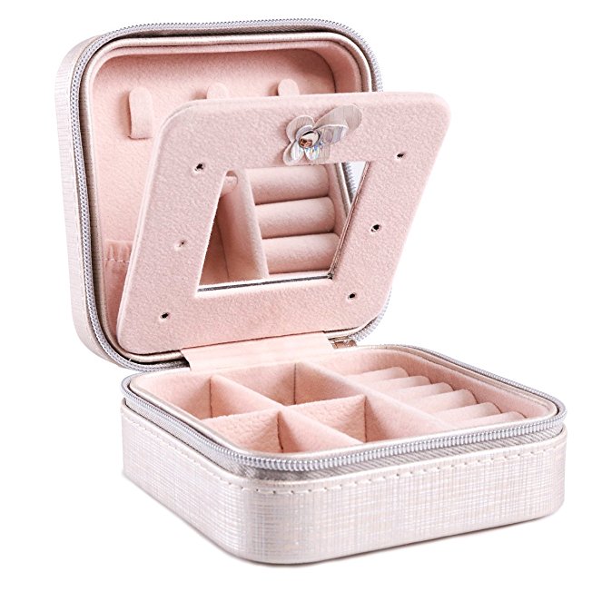 Pasutewel Small Travel Jewelry Box Organizer Mini PU Leather Portable Storage Case Holder for Earrings Rings Necklace Women Girls with Mirror
