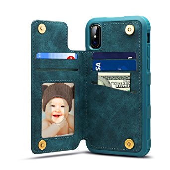 iPhone X Card Holder Case, iPhone X Wallet Case Slim, iPhone X Folio Leather case cover Shockproof Case with Credit Card Slot, Durable Protective Case for iPhone 10 (Blue)