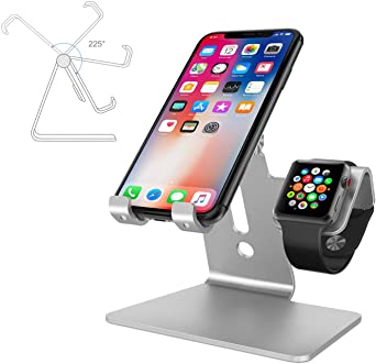 2 in 1 Phone Stand for Apple Watch, ENIBON Adjustable Phone Holder Charging Station Stand for iWatch and 3.5”-8” Smart Phones (Silver)