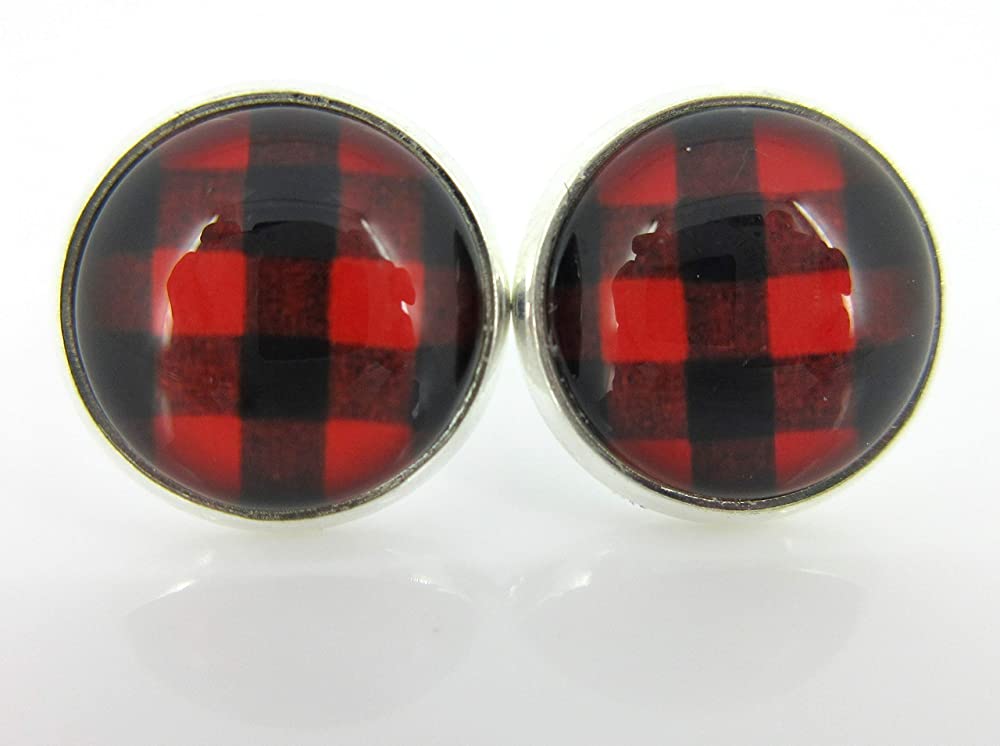 Silver-tone Black and Red Buffalo Plaid Print Glass Stud Earrings 12mm