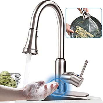 Motion Sensor Touchless Kitchen Faucet Tap,Soosi Automatic Pull Down Kitchen Faucet Single Handle One/3 Hole 3 Setting Sprayer Kitchen Faucets Spot Free Brushed Nickel Solid Brass Stainless Steel Lead Free