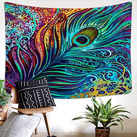 Sunm boutique Colorful Peacock Feather Tapestry, Abstract Art Wall Tapestry Wall Hanging Psychedelic Tapestries for Wall Decoration (Peacock Feather, 59.1" x 82.7")