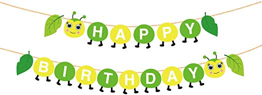 CC HOME Caterpillar Party Supplies, Worm Caterpillar Happy Birthday Banner/Caterpillar Birthday Banner/Summer Tropical Green Leaves Worm Garland Bunting Banner Birthday Party Supplies Decorations,Party Favor for Worm Theme Baby Shower ,.Birthday Party Supplies
