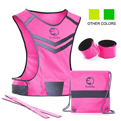 EvoLike Premium Reflective Vest of Unique Design for Running Walking Cycling Jogging Motorcycle with Pocket   4 High Visibility Wristbands   Bag