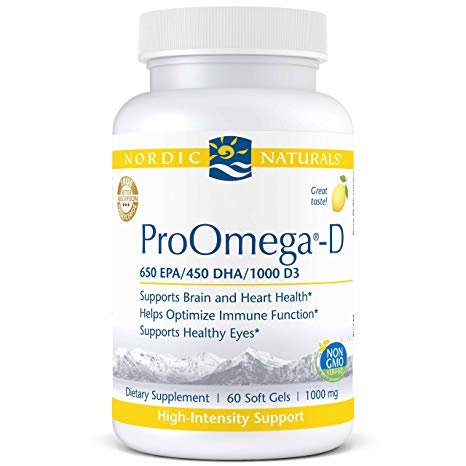 Nordic Naturals ProOmega-D - Fish Oil, 650 mg EPA, 450 mg DHA, 1000 IU Vitamin D3 Cholecalciferol, Support for Cardiovascular, Neurological, Eye, and Immune Health*, Lemon Flavored, 60 Soft Gels