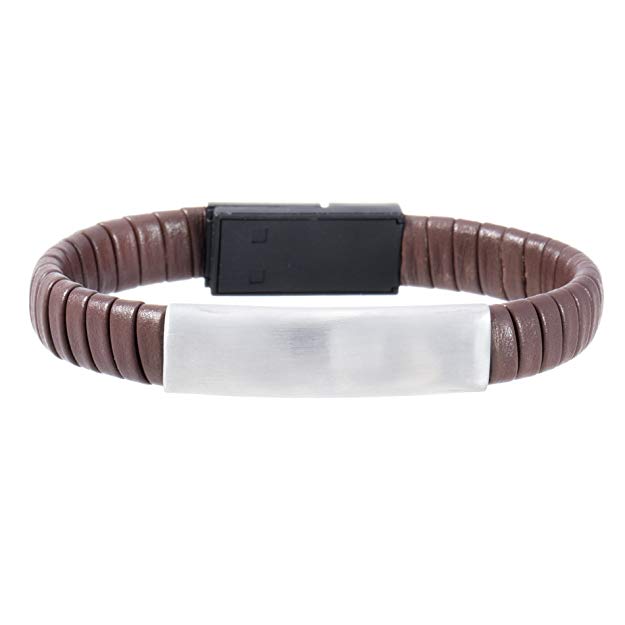STEEL EVOLUTION Stainless Steel Wrapped Leather ID Bar Bracelet for Men with USB Charger Systems