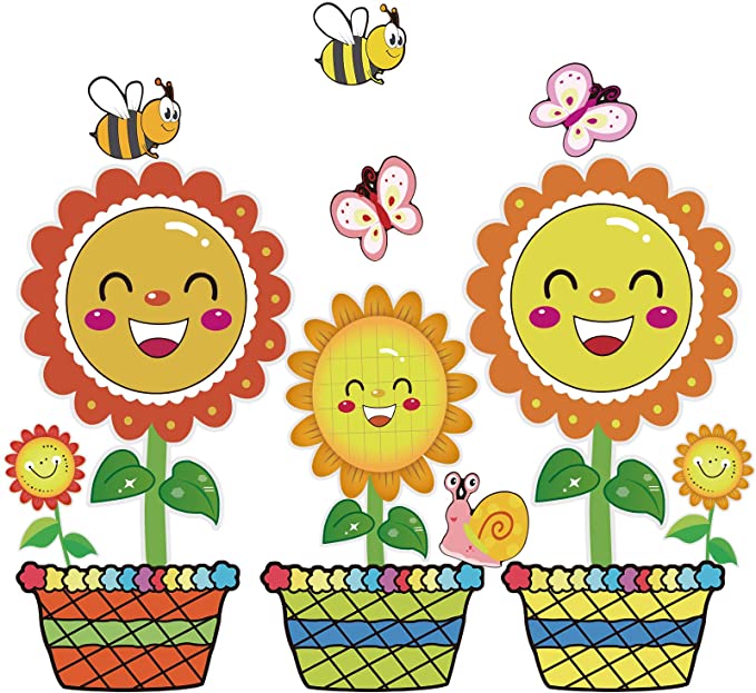 22 Pieces Spring Flowers Bulletin Board Cut-Outs Set Springtime Blooms Colorful Butterfly Bee Snail Flower Pots Sunflower Cutouts Classroom Decoration Cutouts with Glue Point Dots for Spring Party