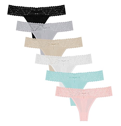6 Pack: Free to Live Women's Lace Band Cotton Thong Panties