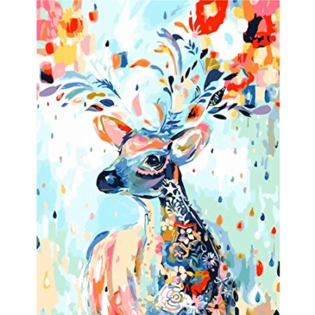 DIY Oil Painting, Easy Paint By Numbers for Adults Beginner Kids Teens Children Boys Girls, Animals Canvas Christmas Gifts Color Rainbow Deer Giraffe Elk Reindeer Antlers Stag 16x20 Inches Frameless