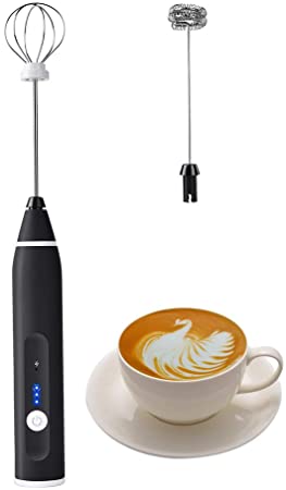 Fmelut Electric Milk frother with Double Whisks, USB Rechargeable Electric Foam Maker, 2 in 1 Hand-held Battery Operated Milk Foamer for Coffee, Latte, Cappuccino, Egg Whipping(Black)