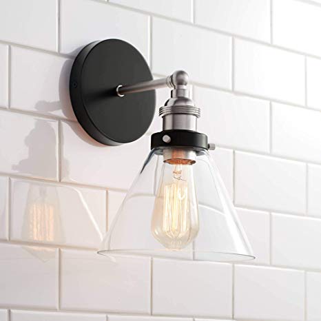 Burke Industrial Farmhouse Wall Light Sconce LED Antique Edison Black Brushed Nickel Hardwired 10 3/4" High Fixture Cone Clear Glass for Bedroom Bathroom Hallway - 360 Lighting