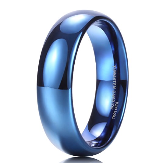 King Will 6mm Blue Plated Polished Comfort Fit Domed Tungsten Carbide Ring Wedding Band