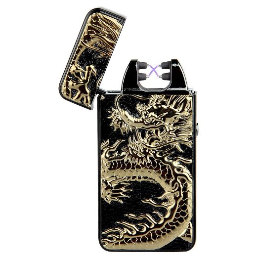 Padgene Electronic Pulse Double Arc Cigarette Lighter, Chinese Dragon Windproof Flameless USB Rechargeable Arc Lighter