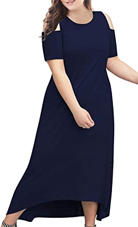 Nemidor Women's Cold Shoulder Plus Size Casual High-Low Hem Maxi Dress with Pocket