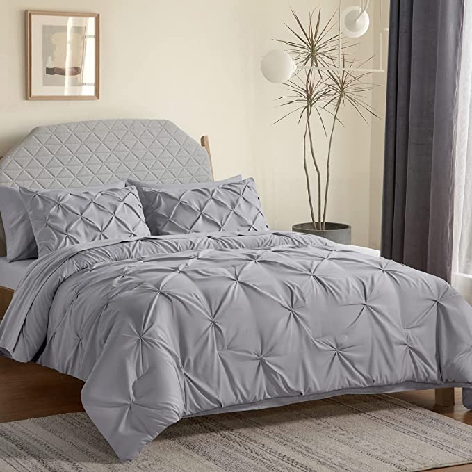 CozyLux King Comforter Set Light Grey 7 Pieces Pintuck Bed in A Bag Complete Set Pinch Pleat King Bedding Sets with All Season Comforter, Pillow Sham, Flat Sheet, Fitted Sheet and Pillowcase