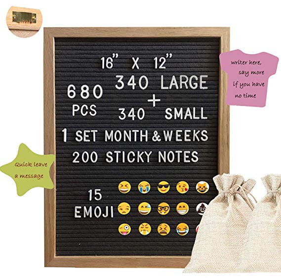 Gray Felt Letter Board, Changeable Letter Board - 16x 12 Felt Board with 680 Letters, Date Set, Oak Frame, Wooden Stand, 15 Colorful Emojis (16x12)