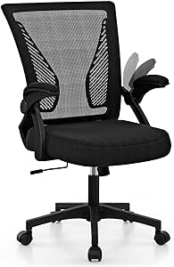 COSTWAY Ergonomic Office Chair, Adjustable Swivel Mid Back Computer Chairs with Flip-Up Armrests, Lumbar Support, 2-Part Backrest, Wheels, Mesh Study Desk Chair for Meeting Room Home, Black (1-Pack)