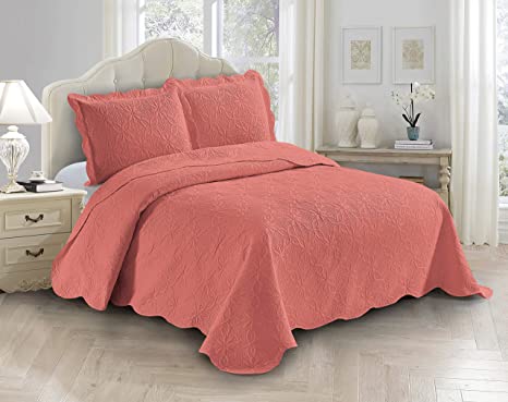 Fancy Linen 3pc Embossed Coverlet Bedspread Set Oversized Bed Cover Solid Floral Daisy Pattern New # Allis (King/California King, Coral)