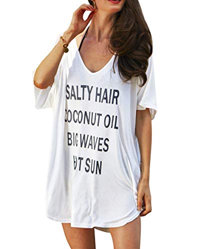 Oryer Womens Swimsuit Cover up Letters Print Baggy Swimwear Blouse Beach Dress T-Shirt