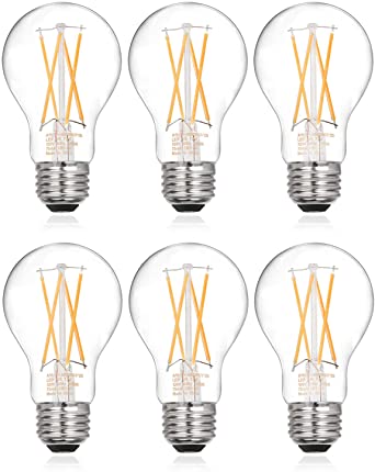 Hykolity Vintage A19 LED Edison Bulb, Dimmable Filament Light Bulb, 7.5W=60W, 2700K Soft White, 800LM, E26 Medium Base, UL Listed (6 Pack)