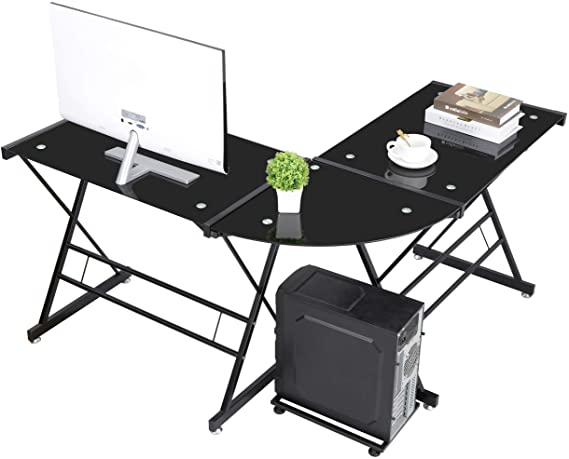 ZENY L-Shaped Corner Desk Computer Gaming Desk Glass Tabletop,Modern Home Office Writing Workstation,Black