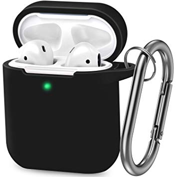 AirPods Case, Silicone Cover with U Shape Carabiner,360°Protective,Dust-Proof,Super Skin Silicone Compatible with Apple AirPods 1st/2nd (Black)
